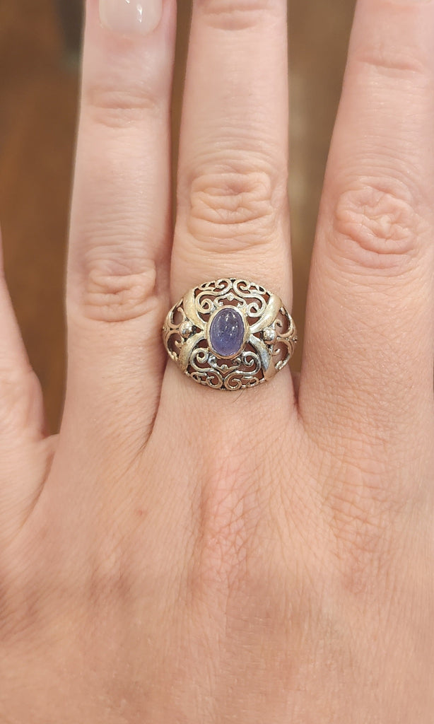 Sterling silver tanzanite filigree ring