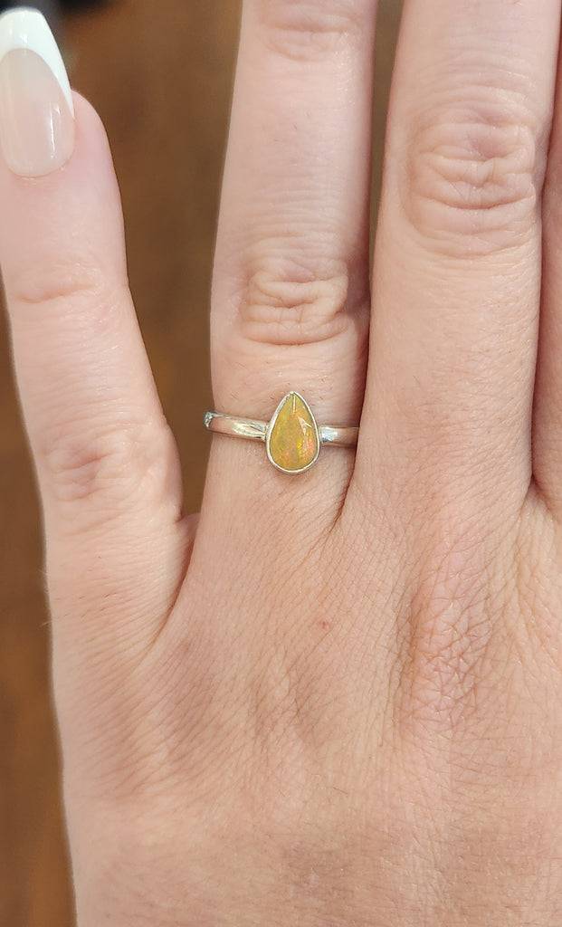 Sterling silver pear-shaped orange Ethiopian opal ring
