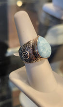 Load image into Gallery viewer, Sterling silver Atlantean rune ring with pear-shaped larimar cabochon