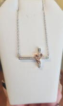 Load image into Gallery viewer, Sterling silver diamond sideways cross necklace with rose gold heart