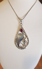 Load image into Gallery viewer, Sterling silver leaf pendant with ruby and rainbow moonstone