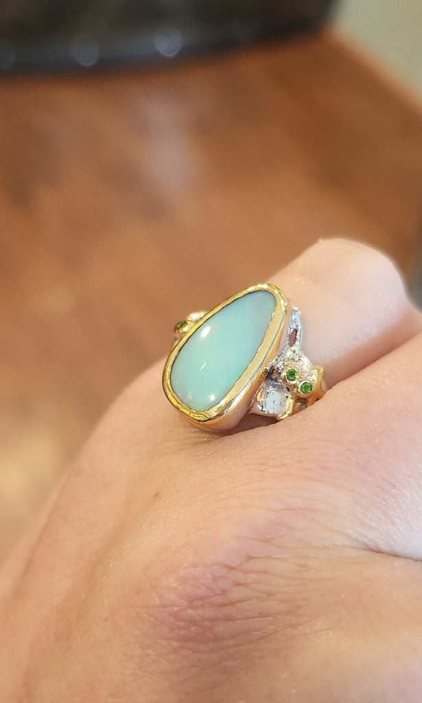 Sterling silver australian opal ring with green tourmaline