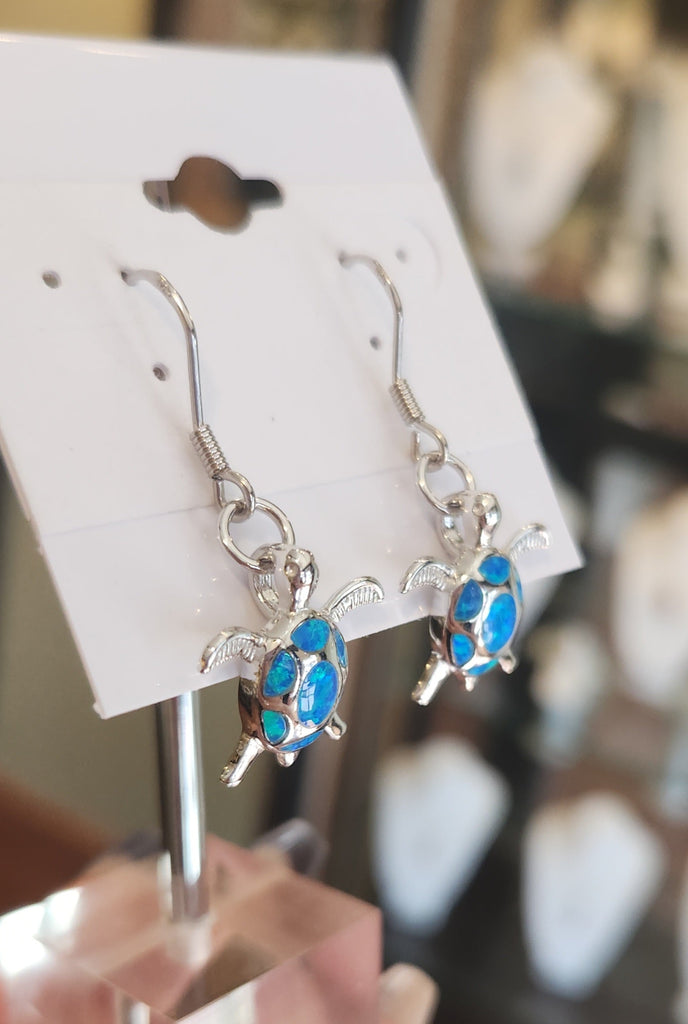 Sterling silver kyocera opal sea turtle earrings