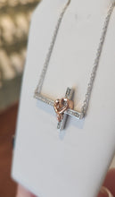 Load image into Gallery viewer, Sterling silver diamond sideways cross necklace with rose gold heart