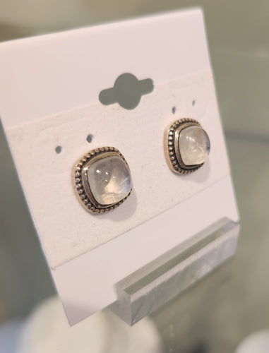 Sterling silver square rainbow moonstone stud earrings