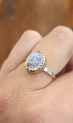 Sterling silver oval rainbow moonstone ring