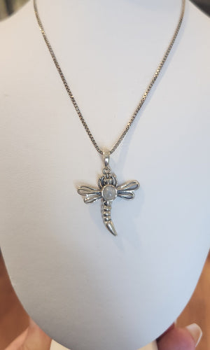 Sterling silver rainbow moonstone dragonfly pendant