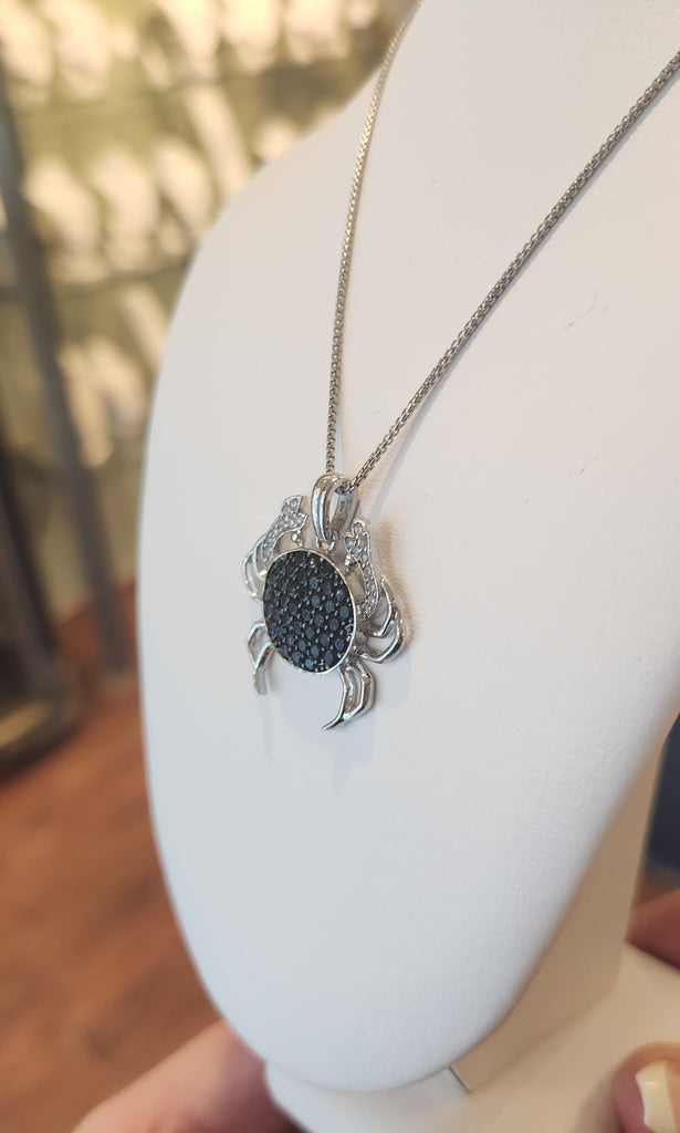 Sterling silver crab pendant with black & white diamonds