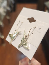Load image into Gallery viewer, Sterling silver handmade hummingbird earrings with blue sapphires